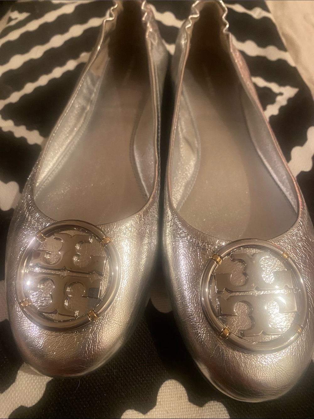 Tory Burch Metallic Silver Logo Ballet Flats